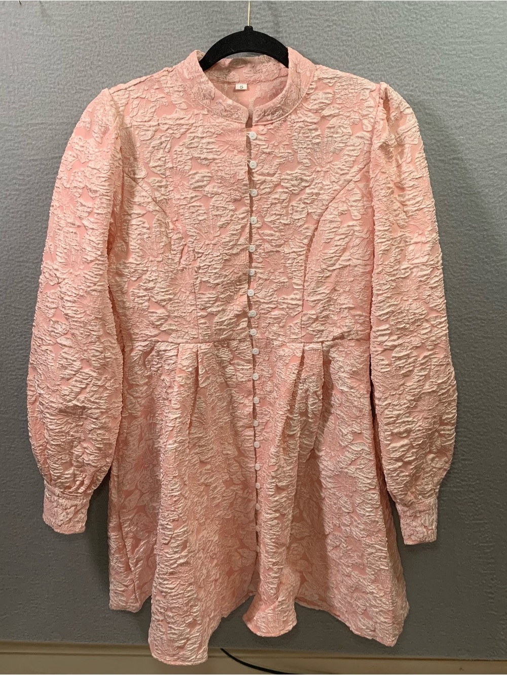 SHEIN Pink Textured Button-Front‎ Long-Sleeve Dress